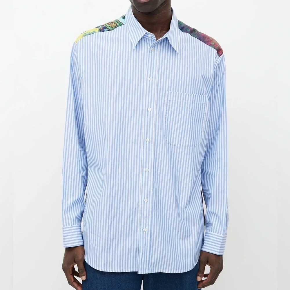 Pierre-Louis Mascia blue stripe cotton silk scarf paisley button down shirt XS